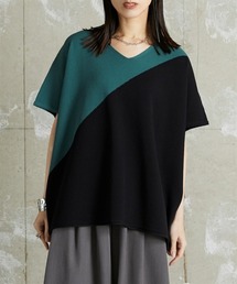 斜め配色デザインゆったりサイズ半袖ニットトップス ［Soiunique］