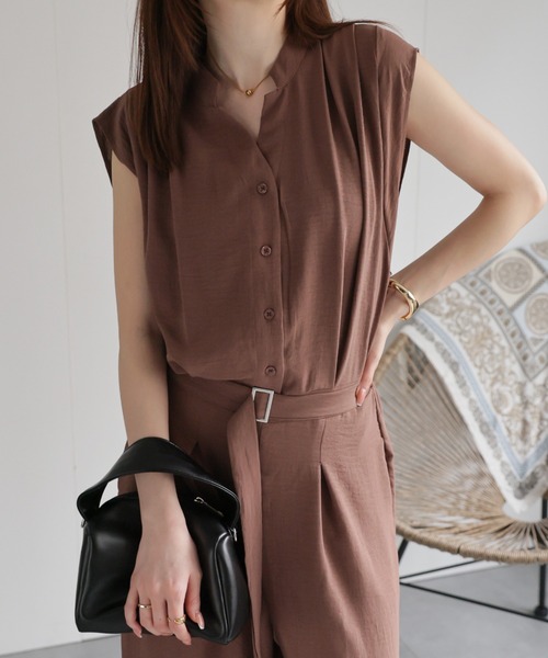 セール】麻混タックオールインワン（つなぎ/オールインワン