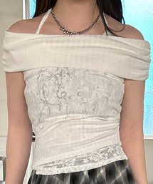 VQ | Hem lace Layered Off the shoulder Short sleeve T-shirt / 裾レースレイヤード ホルターネック オフショルダー 半袖T / 裾からチラッと見えるレースが可愛いオフショルダー。(Tシャツ/カットソー)