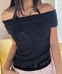 VQ | Hem lace Layered Off the shoulder Short sleeve T-shirt / 裾レースレイヤード ホルターネック オフショルダー 半袖T / 裾からチラッと見えるレースが可愛いオフショルダー。(Tシャツ/カットソー)