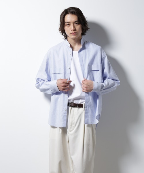 NANO universe(ナノユニバース)の「「BELGIUM LINEN FABRICS」リネンコットンスタンドカラーシャツ(シャツ/ブラウス・メンズ・ホワイト/ピンク/ブラック/ライトブルー・S/M/L)」の3枚目の写真