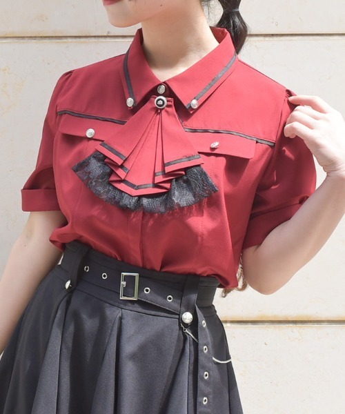 axes femme（アクシーズファム）の「フリルジャボ付配色ラインブラウス（シャツ/ブラウス・レディース・ホワイト/ネイビー/レッド・FREE）」の3枚目の写真