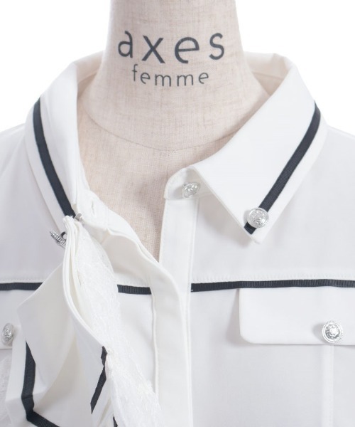 axes femme（アクシーズファム）の「フリルジャボ付配色ラインブラウス（シャツ/ブラウス・レディース・ホワイト/ネイビー/レッド・FREE）」の4枚目の写真