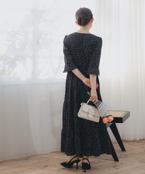 Petitjo（プッチージョ）の「小さいサイズ　総柄カシュクールティアードワンピース　低身長さん・小柄女性（ワンピース・レディース・ドット/ブラック系1・PSS/PS/PM/PL）」の7枚目の写真