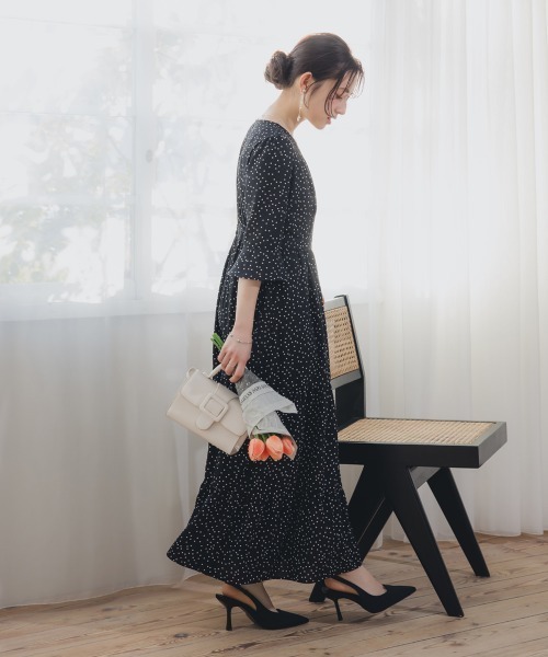 Petitjo（プッチージョ）の「小さいサイズ　総柄カシュクールティアードワンピース　低身長さん・小柄女性（ワンピース・レディース・ドット/ブラック系1・PSS/PS/PM/PL）」の9枚目の写真