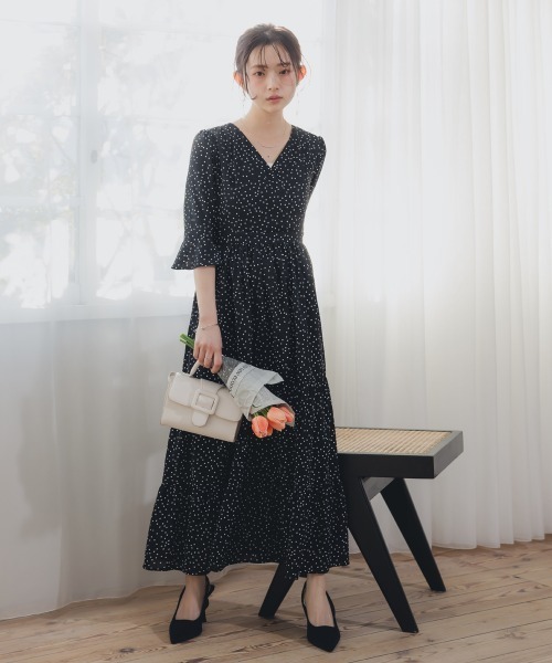 小さいサイズ 総柄カシュクールティアードワンピース 低身長さん
