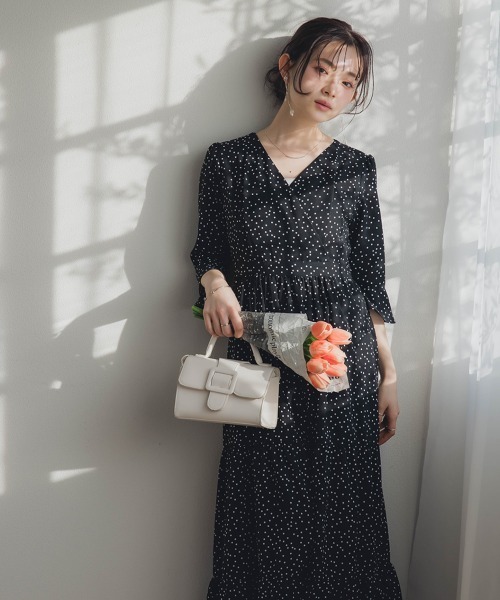 Petitjo（プッチージョ）の「小さいサイズ　総柄カシュクールティアードワンピース　低身長さん・小柄女性（ワンピース・レディース・ドット/ブラック系1・PSS/PS/PM/PL）」の19枚目の写真