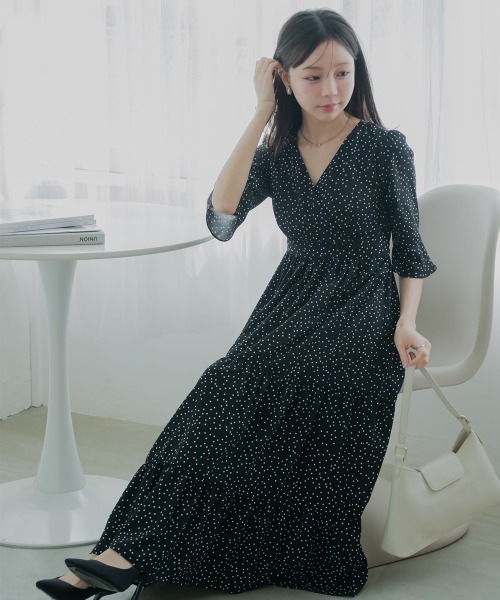 小さいサイズ 総柄カシュクールティアードワンピース 低身長さん・小柄