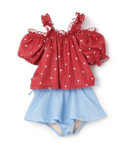 petit main(プティマイン)の「【SWIM】ハートパフスリーブタンキニ(水着・キッズ・アイボリー/レッド・90cm/120cm/130cm/100cm/110cm/80cm)」の1枚目の写真