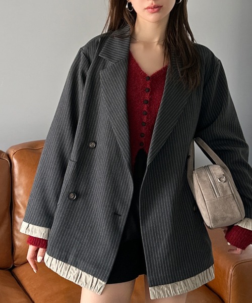 mily bilet(ミウィビレット)の「【mily bilet】ゆるっと大人見え。バルーンフリルレイヤードジャケット(セットアップ可能)(テーラードジャケット・レディース・ベージュ/ブラウン/ブラック/グレー系その他・X-LARGE/LARGE/MEDIUM/SMALL)」の2枚目の写真