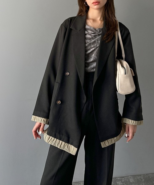 mily bilet(ミウィビレット)の「【mily bilet】ゆるっと大人見え。バルーンフリルレイヤードジャケット(セットアップ可能)(テーラードジャケット・レディース・ベージュ/ブラウン/ブラック/グレー系その他・X-LARGE/LARGE/MEDIUM/SMALL)」の6枚目の写真