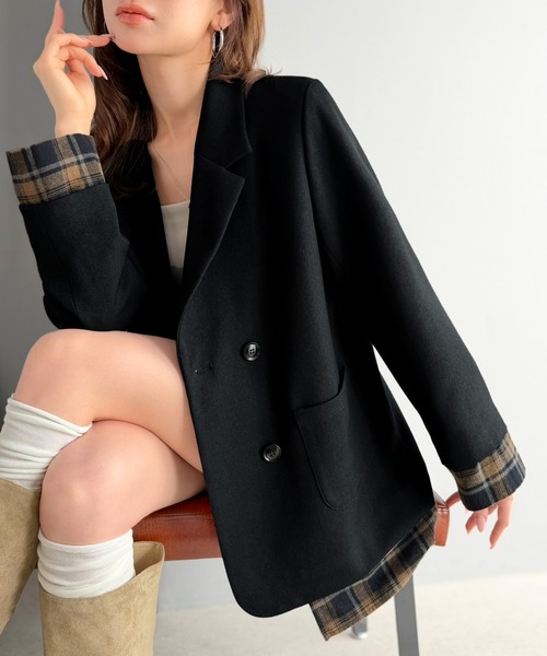 mily bilet（ミウィビレット）の「【mily bilet】秋大本命のチェック♪一着で完成する、大人のレイヤードスタイル。チェック柄フェイクレイヤードジャケット（テーラードジャケット・レディース・ベージュ/ブラウン/ブラック/グレー系その他・X-LARGE/LARGE/MEDIUM/SMALL）」の14枚目の写真