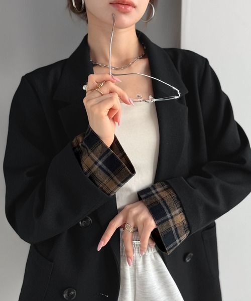 mily bilet（ミウィビレット）の「【mily bilet】秋大本命のチェック♪一着で完成する、大人のレイヤードスタイル。チェック柄フェイクレイヤードジャケット（テーラードジャケット・レディース・ベージュ/ブラウン/ブラック/グレー系その他・X-LARGE/LARGE/MEDIUM/SMALL）」の22枚目の写真