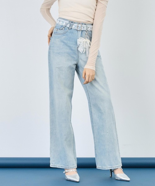 セール】リボンチャーム付き レースベルト ワイドデニムパンツ（デニム