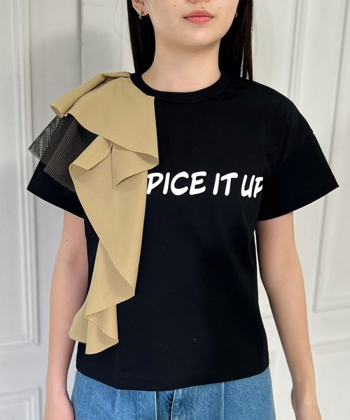 mien（ミアン）の「【mien別注】プリントフリルTee（Tシャツ/カットソー・レディース・ブラック/オフホワイト・38）」の2枚目の写真