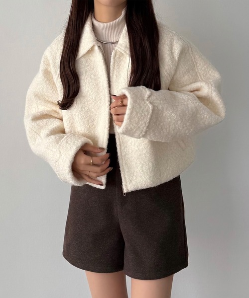 callautia（カラウティア）の「ループツイードステンカラーショートジップブルゾン（ブルゾン・レディース・ライトベージュ/アイボリー/ブラック・LARGE/MEDIUM/SMALL）」の4枚目の写真