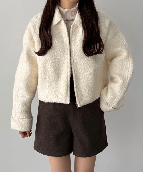 callautia（カラウティア）の「ループツイードステンカラーショートジップブルゾン（ブルゾン・レディース・ライトベージュ/アイボリー/ブラック・LARGE/MEDIUM/SMALL）」の5枚目の写真