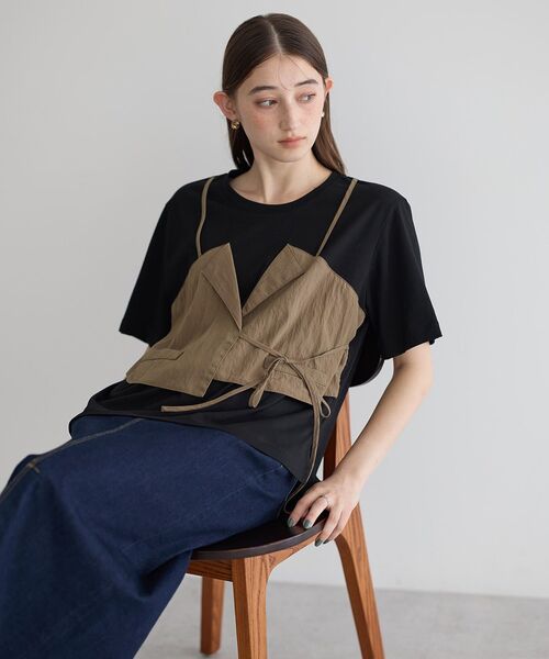 Editt by YECCA VECCA（エディットバイイェッカヴェッカ）の「ビスチェレイヤード風デザインTee（Tシャツ/カットソー・レディース・ブラック/ホワイト/ネイビー・FREE）」の4枚目の写真