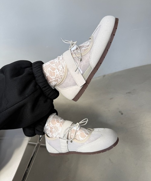SANSeLF（サンセルフ）の「【SANSeLF】 メッシュストラップスニーカー リボンコードデザイン ローカット 軽量ソール sas25a002（その他シューズ・レディース・アイボリー/ピンク・37/36/39/38）」の6枚目の写真