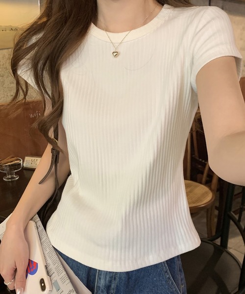 Doula Doula(ドゥーラドゥーラ)の「クルーネックリブTシャツ(Tシャツ/カットソー・レディース・ベージュ/ブルー/ブラック/ホワイト・L/M)」の9枚目の写真