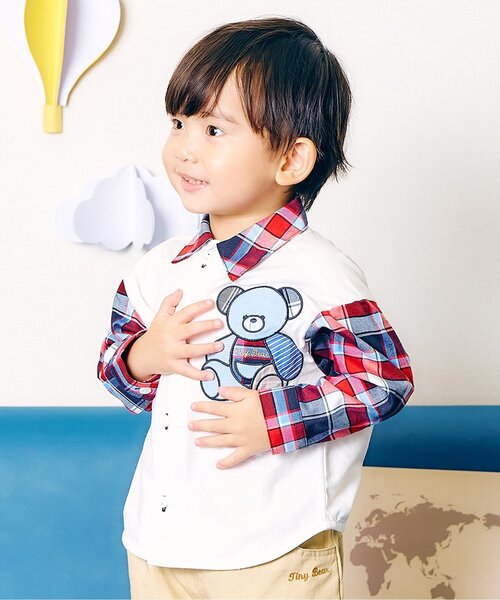 apres les cours（アプレレクール）の「tiny bear ストライプ&パッチワークシャツ（シャツ/ブラウス・キッズ・チェック/ストライプ・80/90/120/110/100）」の2枚目の写真