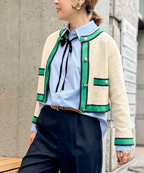 NOLLEY’S（ノーリーズ）の「配色ニットジャケット（カーディガン/ボレロ・レディース・ブラック/アイボリー/キャメル・38）」の2枚目の写真