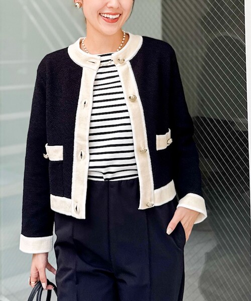 NOLLEY’S（ノーリーズ）の「配色ニットジャケット（カーディガン/ボレロ・レディース・ブラック/アイボリー/キャメル・38）」の3枚目の写真