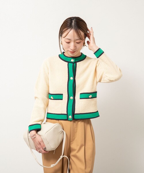 NOLLEY’S（ノーリーズ）の「配色ニットジャケット（カーディガン/ボレロ・レディース・ブラック/アイボリー/キャメル・38）」の9枚目の写真