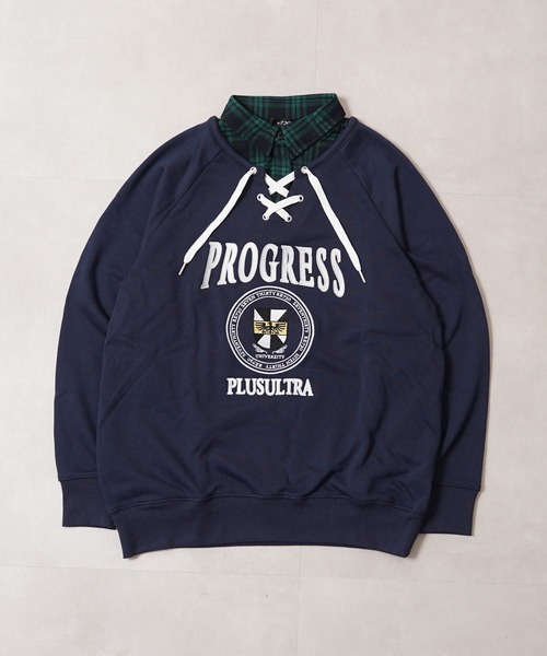1111clothing(ワンフォークロージング)の「フェイクレイヤード カレッジ スウェット / Fake Layered College Sweatshirt(スウェット・メンズ・ネイビー/オートミール/ブラック・L/M)」の6枚目の写真