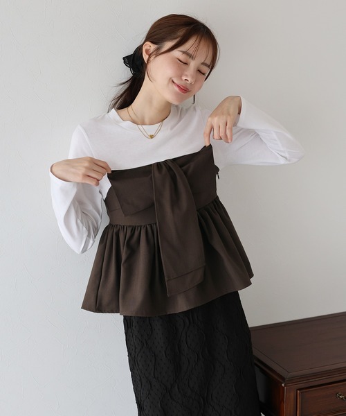 BLUEEAST(ブルーイースト)の「リボンビスチェドッキングTシャツ(Tシャツ/カットソー・レディース・ブラック/ブラウン・MEDIUM)」の2枚目の写真