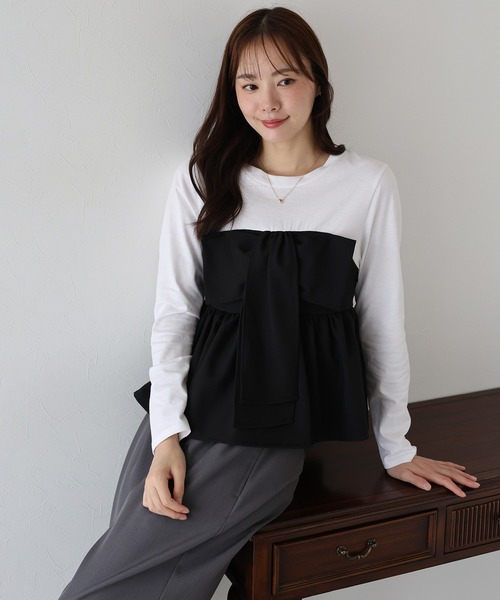 BLUEEAST(ブルーイースト)の「リボンビスチェドッキングTシャツ(Tシャツ/カットソー・レディース・ブラック/ブラウン・MEDIUM)」の1枚目の写真