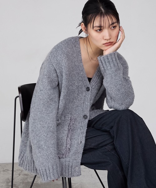 forksy.】フリンジポケットオーバーサイズVネックカーディガン forksy