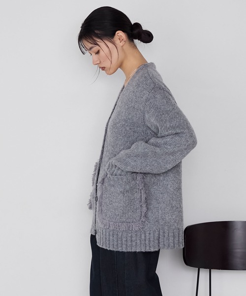 forksy.】フリンジポケットオーバーサイズVネックカーディガン forksy