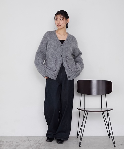 forksy.】フリンジポケットオーバーサイズVネックカーディガン forksy