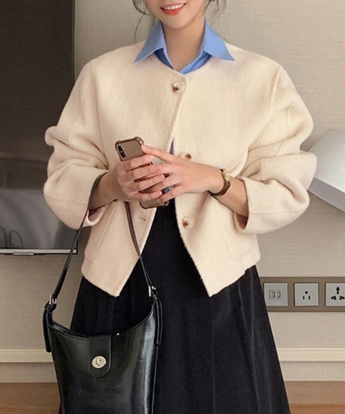 セール】ラウンドカラー×ボタンフロントショートジャケット（ノー