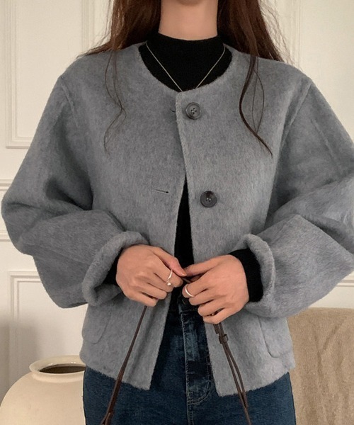 セール】ラウンドカラー×ボタンフロントショートジャケット（ノー