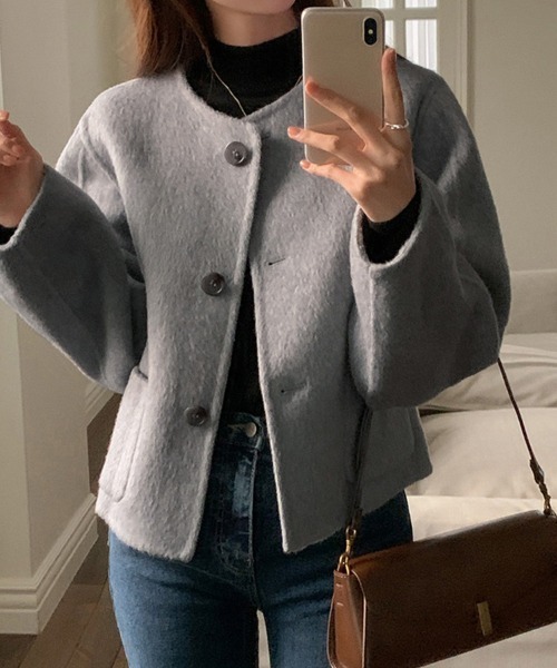 セール】ラウンドカラー×ボタンフロントショートジャケット（ノー