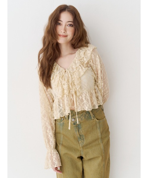 EVRIS（エヴリス）の「フロントリボンレースクロップドシャツ（シャツ/ブラウス・レディース・ブラック/ベージュ・FREE）」の6枚目の写真