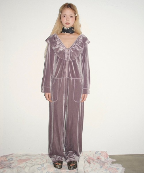 musubore ベロアフリルロンパース musubore（ムスボレ） オールインワン velours frill rompers / ベロア