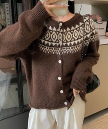 ノルデック柄裾ドロストバイカラー丸首カーディガン