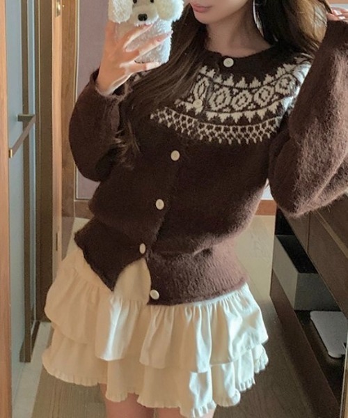 LADY LIKE（レディライク）の「ノルデック柄裾ドロストバイカラー丸首カーディガン（カーディガン/ボレロ・レディース・アイボリー/グレー/モカ・M）」の12枚目の写真