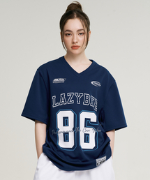 LAZYBEE（レイジービー）の「ミックスドメッシュラグビーシャツオーバーサイズ半袖WスポーツウェアショートスリーブTシャツネイビー（Tシャツ/カットソー）」
