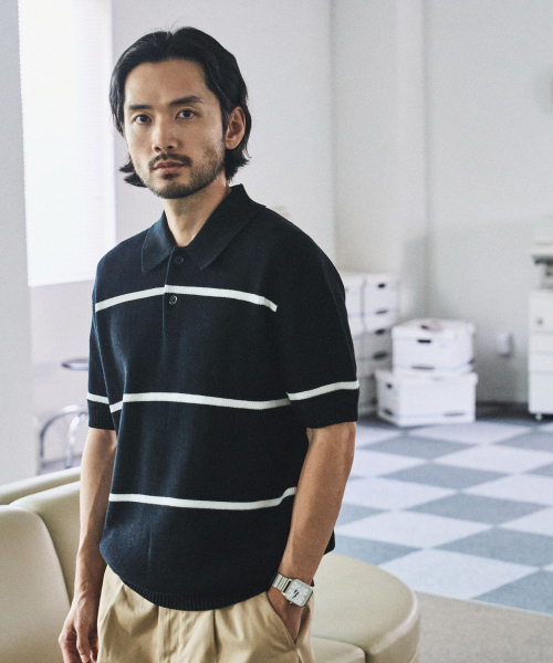 MANNERGRAM(マナーグラム)の「テクスチャードストライプコットン100ポロ半袖ニット - 3カラー(Tシャツ/カットソー・メンズ・ホワイト/ブラック/クリーム・MEDIUM/LARGE/X-LARGE/XX-LARGE)」の7枚目の写真