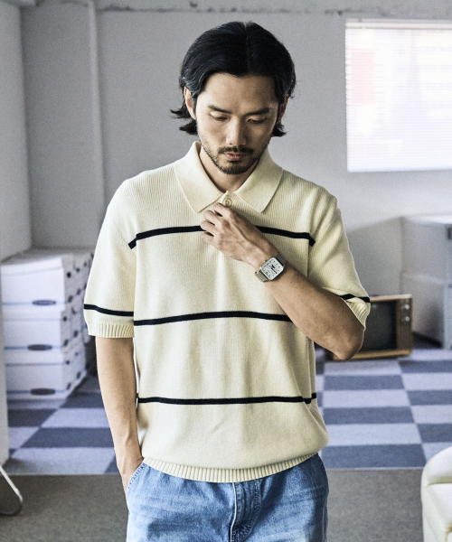 MANNERGRAM(マナーグラム)の「テクスチャードストライプコットン100ポロ半袖ニット - 3カラー(Tシャツ/カットソー・メンズ・ホワイト/ブラック/クリーム・MEDIUM/LARGE/X-LARGE/XX-LARGE)」の8枚目の写真