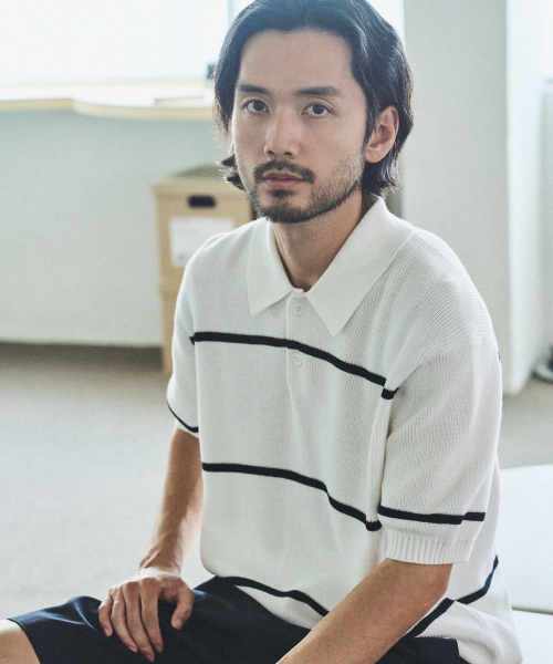 MANNERGRAM(マナーグラム)の「テクスチャードストライプコットン100ポロ半袖ニット - 3カラー(Tシャツ/カットソー・メンズ・ホワイト/ブラック/クリーム・MEDIUM/LARGE/X-LARGE/XX-LARGE)」の9枚目の写真