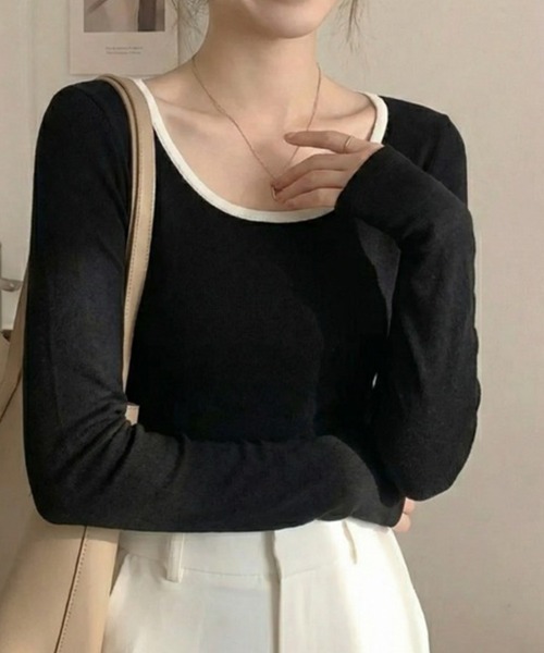 cammie（キャミー）の「Ｕネックトップス（Tシャツ/カットソー・レディース・ホワイト/ブラック/グレー・M/L）」の2枚目の写真