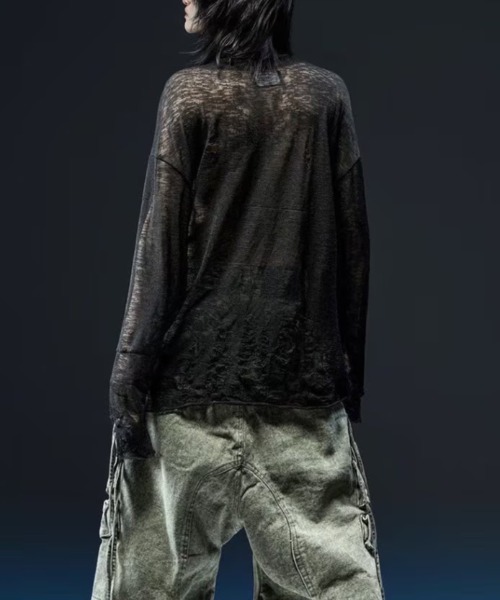 RICH（リッチ）の「【RICH】Ripped Over Knit Top / 【リッチ】シースルーオーバーサイズ長袖ニット（Tシャツ/カットソー・メンズ・ブラック・02/01）」の10枚目の写真