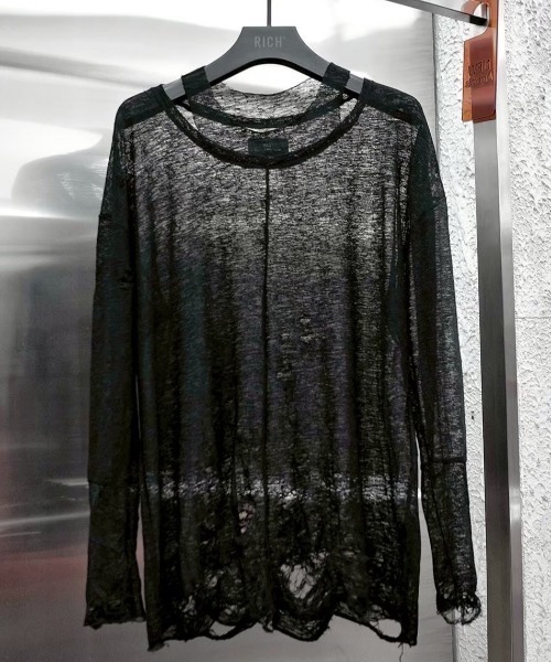 RICH（リッチ）の「【RICH】Ripped Over Knit Top / 【リッチ】シースルーオーバーサイズ長袖ニット（Tシャツ/カットソー・メンズ・ブラック・02/01）」の14枚目の写真