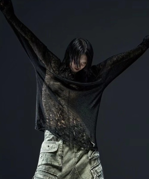 RICH（リッチ）の「【RICH】Ripped Over Knit Top / 【リッチ】シースルーオーバーサイズ長袖ニット（Tシャツ/カットソー・メンズ・ブラック・02/01）」の5枚目の写真