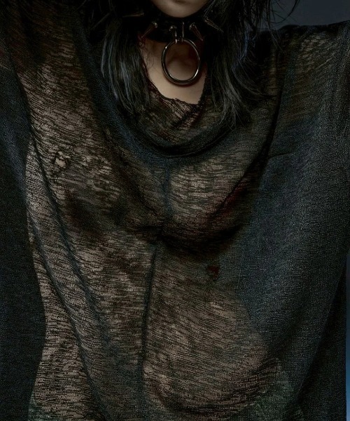 RICH（リッチ）の「【RICH】Ripped Over Knit Top / 【リッチ】シースルーオーバーサイズ長袖ニット（Tシャツ/カットソー・メンズ・ブラック・02/01）」の6枚目の写真